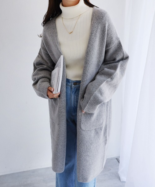 andme（アンドミー）の「ロング丈ふっくらブークレニットカーディガン（カーディガン/ボレロ・レディース・ブラック/グレー/ベージュ/チャコールグレー/ベージュ系その他/オフホワイト/オリーブ・M/S）」の5枚目の写真