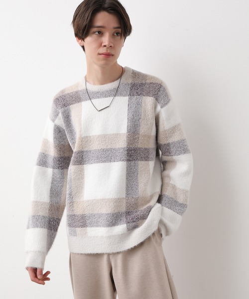 JUNRED（ジュンレッド）の「シャギーチェッククルーニット（ニット/セーター・メンズ・ブラック/ベージュ・M/L）」の2枚目の写真