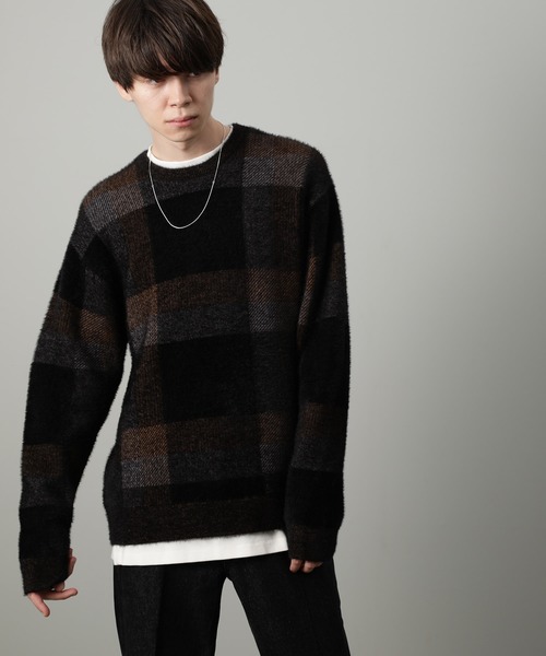 JUNRED（ジュンレッド）の「シャギーチェッククルーニット（ニット/セーター・メンズ・ブラック/ベージュ・M/L）」の12枚目の写真