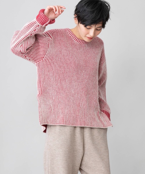 Munich（ミューニック）の「カーディガンステッチウールニット　クルーネックプルオーバー（ニット/セーター・レディース・ブラック/ブラウン/レッド/サックスブルー・FREE）」の4枚目の写真