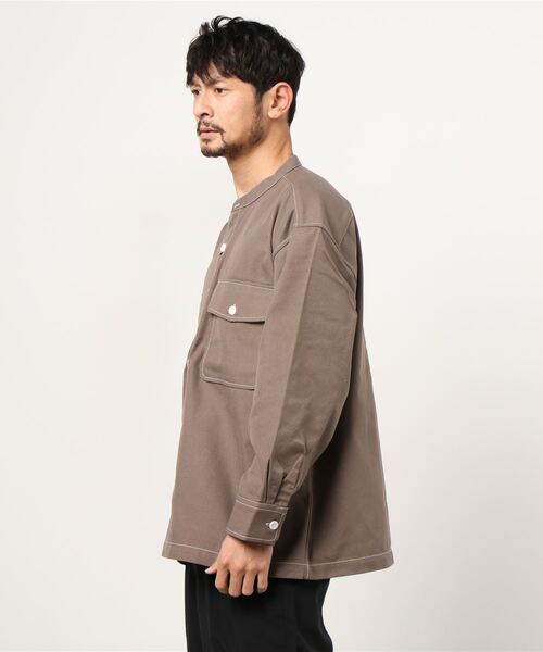 make a ray!（メイク ア レイ！）の「ステッチ バンドカラー シャツ ビッグシルエット 長袖シャツ/ライトシャツジャケット（シャツ/ブラウス・メンズ・ブラック/ブラウン/ベージュ・M/L/XL）」の6枚目の写真