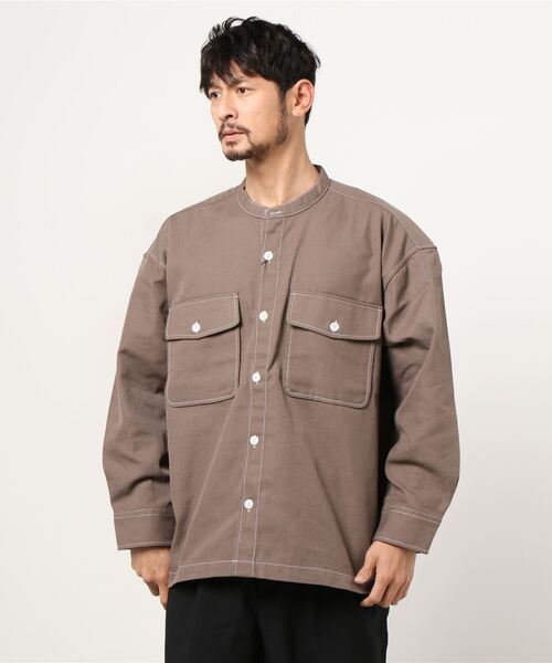 make a ray!（メイク ア レイ！）の「ステッチ バンドカラー シャツ ビッグシルエット 長袖シャツ/ライトシャツジャケット（シャツ/ブラウス・メンズ・ブラック/ブラウン/ベージュ・M/L/XL）」の8枚目の写真