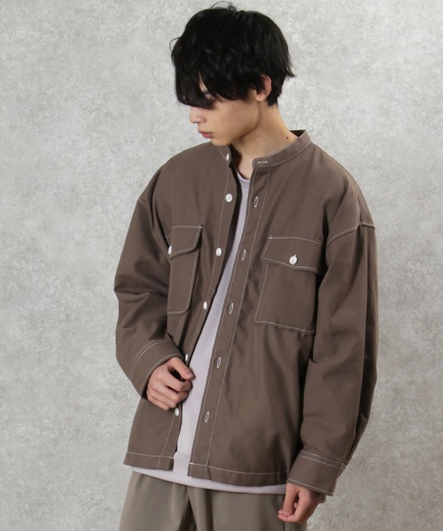 make a ray!（メイク ア レイ！）の「ステッチ バンドカラー シャツ ビッグシルエット 長袖シャツ/ライトシャツジャケット（シャツ/ブラウス・メンズ・ブラック/ブラウン/ベージュ・M/L/XL）」の13枚目の写真
