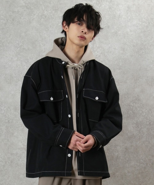 make a ray!（メイク ア レイ！）の「ステッチ バンドカラー シャツ ビッグシルエット 長袖シャツ/ライトシャツジャケット（シャツ/ブラウス・メンズ・ブラック/ブラウン/ベージュ・M/L/XL）」の12枚目の写真