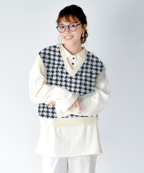 Cheri（シェリ）の「チドリ柄Vネックニットベスト Cheri/シェリ（ベスト・レディース・ベージュ/ブラック・FREE）」の19枚目の写真