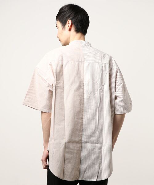 STYLEBLOCK(スタイルブロック)の「ストライプバントカラービッグ半袖シャツ(シャツ/ブラウス・メンズ・モカ/ホワイト/ベージュ/ブルー系その他・L/M/LL)」の6枚目の写真