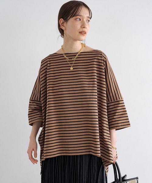 LOUNGEDRESS（ラウンジドレス）の「ボーダースクエアカットソー（Tシャツ/カットソー・レディース・ブラウン/オフホワイト・FREE）」の3枚目の写真