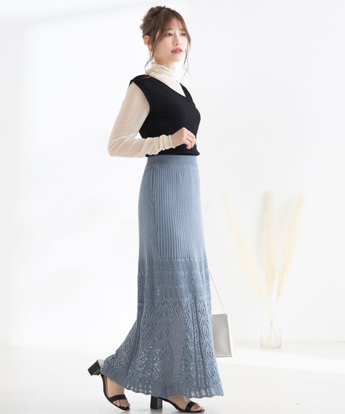Newlyme（ニューリーミー）の「透かし編みタイトスカート（スカート・レディース・アイボリー/ライトベージュ/ライトグリーン/ブルー/パープル/モカ/ブラック・MEDIUM）」の8枚目の写真