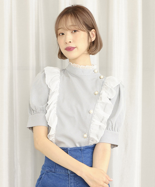 TITTY&CO.（ティティーアンドコー）の「サイドフリルチェックブラウス（シャツ/ブラウス・レディース・ライトブルー/グレー/オフホワイト/ピンク・FREE）」の4枚目の写真