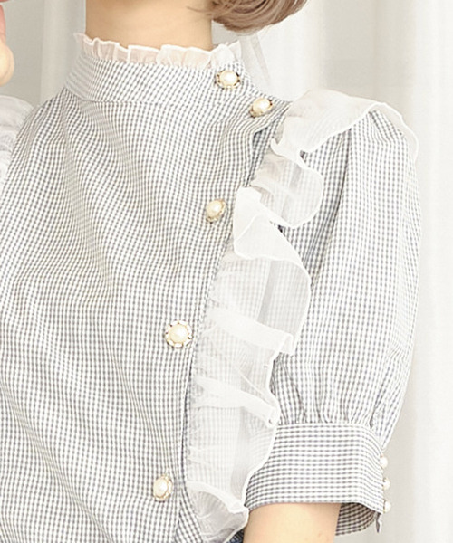 TITTY&CO.（ティティーアンドコー）の「サイドフリルチェックブラウス（シャツ/ブラウス・レディース・ライトブルー/グレー/オフホワイト/ピンク・FREE）」の9枚目の写真