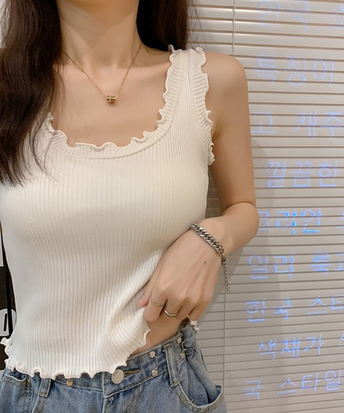 Anuenue（アヌエヌエ）の「ハイウエストパンツやデニムと相性抜群 レディース フリルリブタンクトップ（タンクトップ・レディース・ホワイト/ブラック/パープル/ピンク/グリーン/クリーム・FREE）」の12枚目の写真