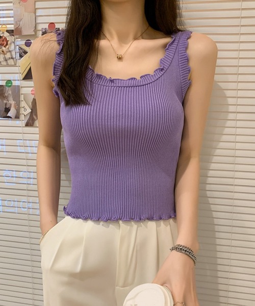 Anuenue（アヌエヌエ）の「ハイウエストパンツやデニムと相性抜群 レディース フリルリブタンクトップ（タンクトップ・レディース・ホワイト/ブラック/パープル/ピンク/グリーン/クリーム・FREE）」の10枚目の写真