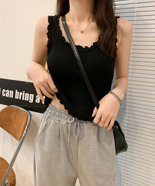 Anuenue（アヌエヌエ）の「ハイウエストパンツやデニムと相性抜群 レディース フリルリブタンクトップ（タンクトップ・レディース・ホワイト/ブラック/パープル/ピンク/グリーン/クリーム・FREE）」の16枚目の写真