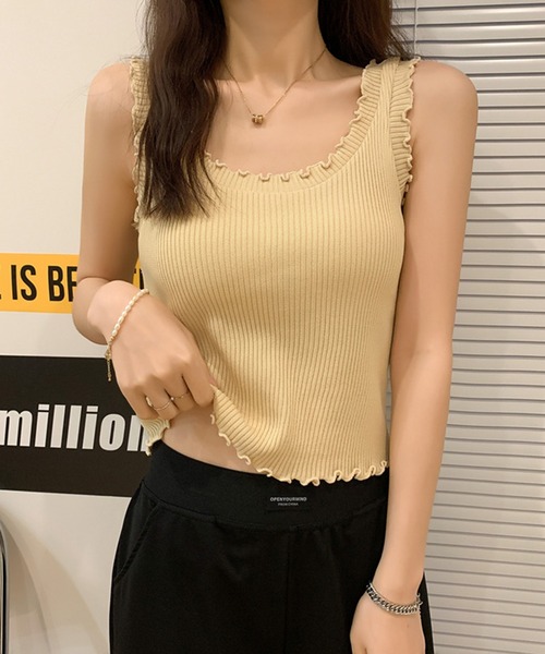 Anuenue（アヌエヌエ）の「ハイウエストパンツやデニムと相性抜群 レディース フリルリブタンクトップ（タンクトップ・レディース・ホワイト/ブラック/パープル/ピンク/グリーン/クリーム・FREE）」の20枚目の写真