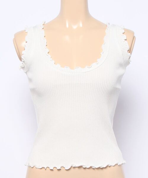 Anuenue（アヌエヌエ）の「ハイウエストパンツやデニムと相性抜群 レディース フリルリブタンクトップ（タンクトップ・レディース・ホワイト/ブラック/パープル/ピンク/グリーン/クリーム・FREE）」の7枚目の写真