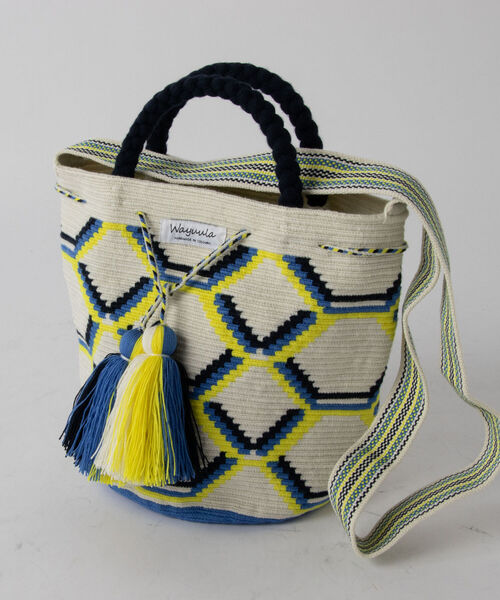 ★wayuula made in COLOMBIA　フリンジ巾着バッグ　ワユーラ Wayuula/ワユーバッグ マリン L -ワユー族の女性たちがひと月