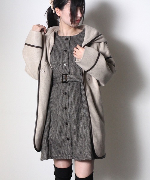 NOMAE（ノーマエ）の「【NOMAE】フードパイピングコート（その他アウター・レディース・ブラック/ベージュ/アイボリー・FREE）」の4枚目の写真