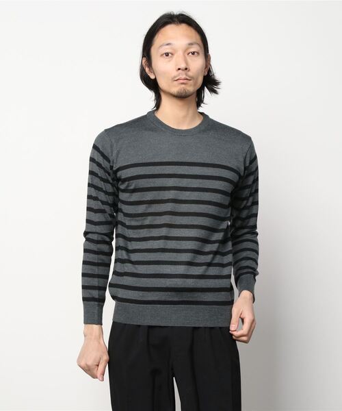 NANO universe（ナノユニバース）の「：タスマニアウールブレンドパネルボーダー（ニット/セーター・メンズ・ブラック/チャコール/ネイビー・S/M/L/XL）」の9枚目の写真