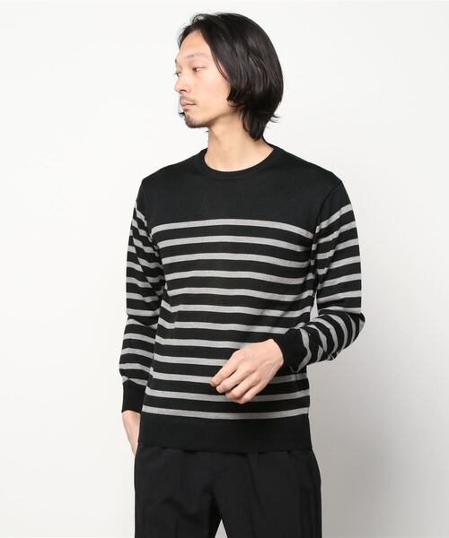 NANO universe（ナノユニバース）の「：タスマニアウールブレンドパネルボーダー（ニット/セーター・メンズ・ブラック/チャコール/ネイビー・S/M/L/XL）」の10枚目の写真