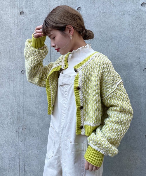 w closet（ダブルクローゼット）の「3Gツイード風ニットショートカーディガン（ニット/セーター・レディース・ライム/ブラック・FREE）」の10枚目の写真