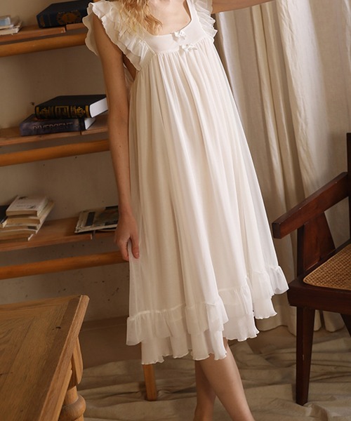 Jasmine Grandiflorum（ジャスミングランディフローラム）の「【Jasmine】ノースリーブフリルルームワンピース（ルームワンピース・レディース・ホワイト・MEDIUM/SMALL/LARGE）」の10枚目の写真