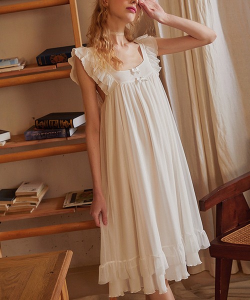 Jasmine Grandiflorum（ジャスミングランディフローラム）の「【Jasmine】ノースリーブフリルルームワンピース（ルームワンピース・レディース・ホワイト・MEDIUM/SMALL/LARGE）」の9枚目の写真