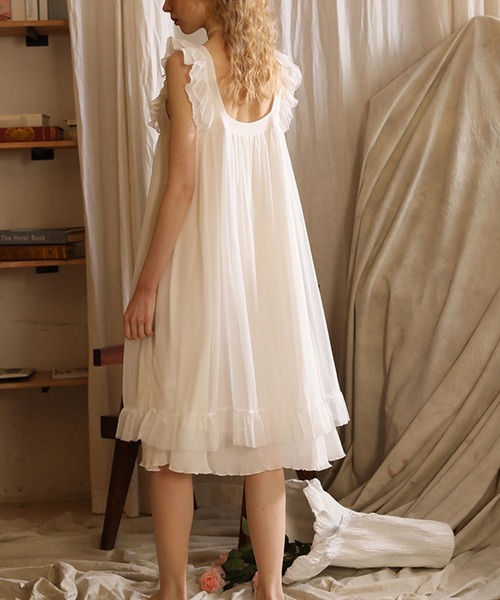 Jasmine Grandiflorum（ジャスミングランディフローラム）の「【Jasmine】ノースリーブフリルルームワンピース（ルームワンピース・レディース・ホワイト・MEDIUM/SMALL/LARGE）」の8枚目の写真