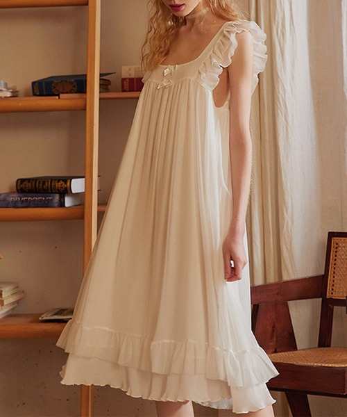 Jasmine Grandiflorum（ジャスミングランディフローラム）の「【Jasmine】ノースリーブフリルルームワンピース（ルームワンピース・レディース・ホワイト・MEDIUM/SMALL/LARGE）」の4枚目の写真