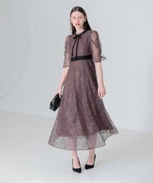 【LEJA】ウエストマークパフスリーブ総レースロングドレスワンピース美脚効果結婚式 パーティードレス 二次会 同窓会 お呼ばれ オケージョン 20代 30代