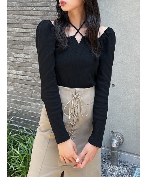 ENVYM(アンビー)の「ホルターネックリブTOPS(Tシャツ/カットソー・レディース・ホワイト/ブラック/その他・FREE)」の3枚目の写真