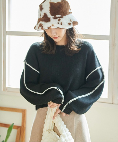 FREE'S MART(フリーズマート)の「◇杢ストレッチ総針配色ステッチニット(ニット/セーター・レディース・ブルー/ベージュ/ホワイト/ブラック・FREE)」の2枚目の写真