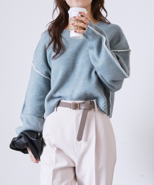 FREE'S MART(フリーズマート)の「◇杢ストレッチ総針配色ステッチニット(ニット/セーター・レディース・ブルー/ベージュ/ホワイト/ブラック・FREE)」の5枚目の写真