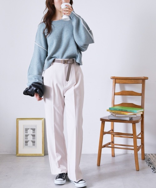 FREE'S MART(フリーズマート)の「◇杢ストレッチ総針配色ステッチニット(ニット/セーター・レディース・ブルー/ベージュ/ホワイト/ブラック・FREE)」の9枚目の写真