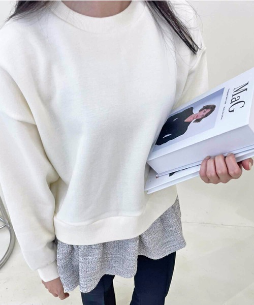 M y u（ミュー）の「ミニ丈 裾 裾ツイードフリル 裏毛 トップス（ワンピース・レディース・ブラック/ホワイト・FREE）」の4枚目の写真