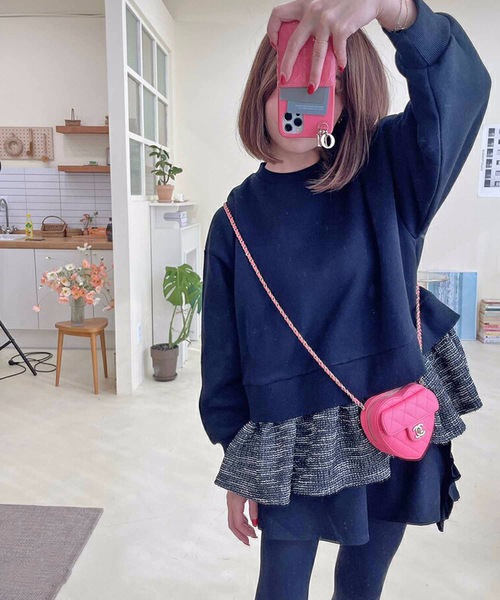 M y u（ミュー）の「ミニ丈 裾 裾ツイードフリル 裏毛 トップス（ワンピース・レディース・ブラック/ホワイト・FREE）」の10枚目の写真