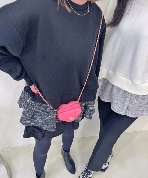 M y u（ミュー）の「ミニ丈 裾 裾ツイードフリル 裏毛 トップス（ワンピース・レディース・ブラック/ホワイト・FREE）」の11枚目の写真