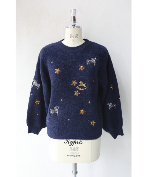 ニット セーター 夜空に浮かぶ回転木馬の刺繍ニットプルオーバーネイビートップス レディース 夜空に浮かぶ回転木馬の刺繍ニットプルオーバーネイビートップス