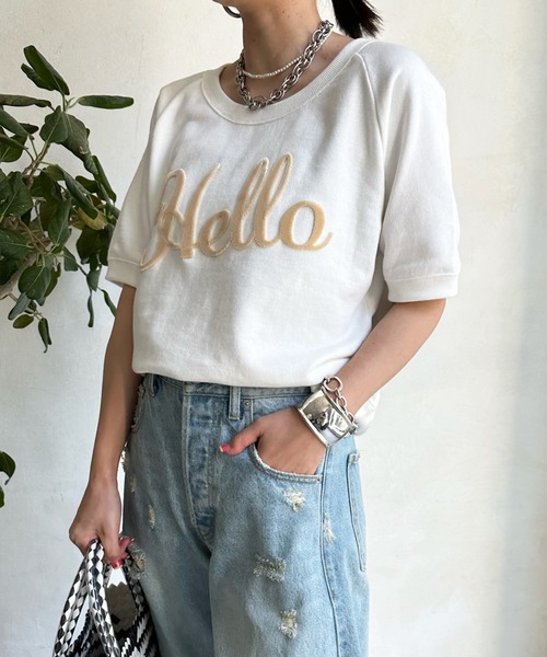 DouDou（ドゥドゥ）の「Helloフワリー刺繍半袖スウェット（スウェット・レディース・ネイビー/グレー/オフホワイト・FREE）」の2枚目の写真