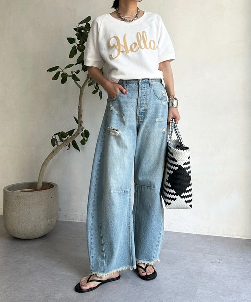 DouDou（ドゥドゥ）の「Helloフワリー刺繍半袖スウェット（スウェット・レディース・ネイビー/グレー/オフホワイト・FREE）」の4枚目の写真