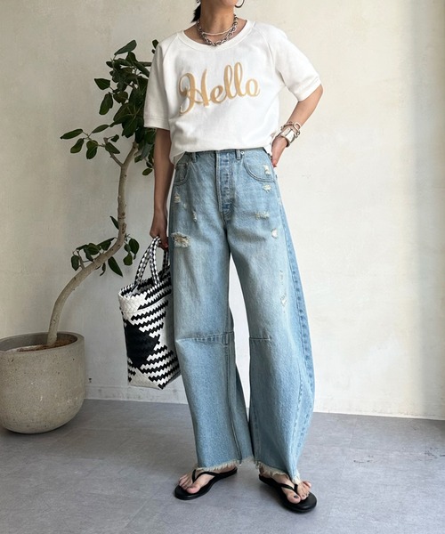 DouDou（ドゥドゥ）の「Helloフワリー刺繍半袖スウェット（スウェット・レディース・ネイビー/グレー/オフホワイト・FREE）」の6枚目の写真