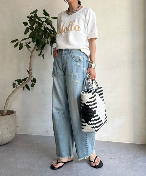 DouDou（ドゥドゥ）の「Helloフワリー刺繍半袖スウェット（スウェット・レディース・ネイビー/グレー/オフホワイト・FREE）」の7枚目の写真