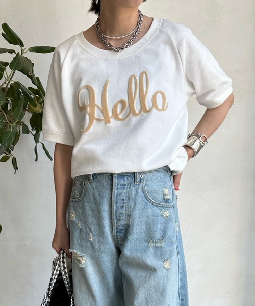 DouDou（ドゥドゥ）の「Helloフワリー刺繍半袖スウェット（スウェット・レディース・ネイビー/グレー/オフホワイト・FREE）」の9枚目の写真