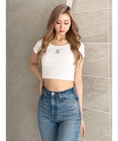 GYDA（ジェイダ）の「Square gyda STONE テレコ トップス（Tシャツ/カットソー・レディース・ブラック/オフホワイト/ミント/ピンク・FREE）」の2枚目の写真