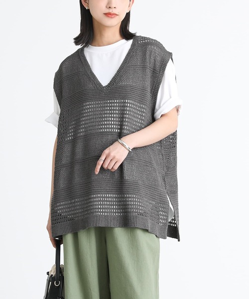 n'OrLABEL（ノアールレーベル）の「『テープヤーン透かし編みニットベスト』（ベスト・レディース・オフホワイト/チャコール・FREE）」の8枚目の写真