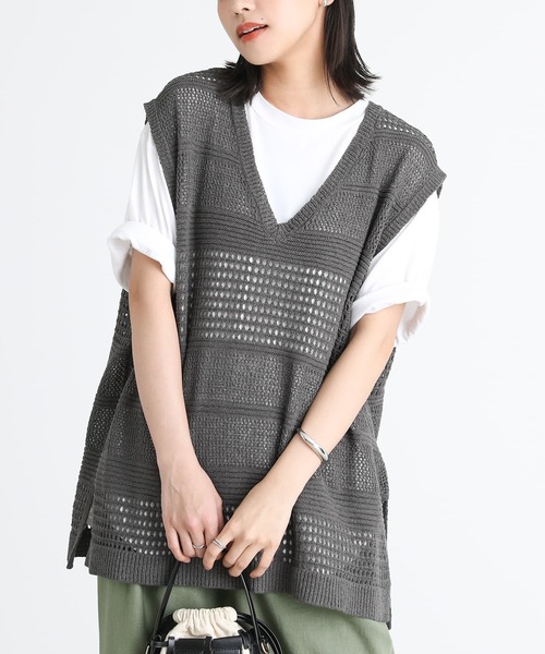 n'OrLABEL（ノアールレーベル）の「『テープヤーン透かし編みニットベスト』（ベスト・レディース・オフホワイト/チャコール・FREE）」の9枚目の写真