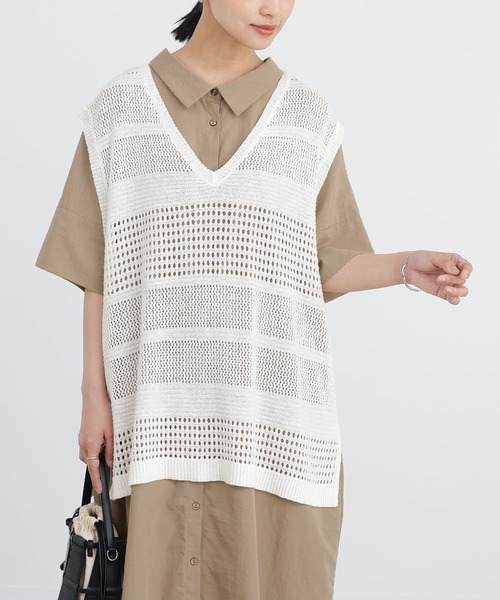 n'OrLABEL（ノアールレーベル）の「『テープヤーン透かし編みニットベスト』（ベスト・レディース・オフホワイト/チャコール・FREE）」の20枚目の写真