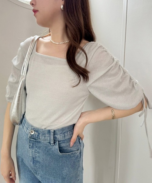 one after another NICE CLAUP（ワンアフターアナザーナイスクラップ）の「スクエアネックドロストラメトップス（Tシャツ/カットソー・レディース・ピンクベージュ/シルバー/ブラック・FREE）」の12枚目の写真