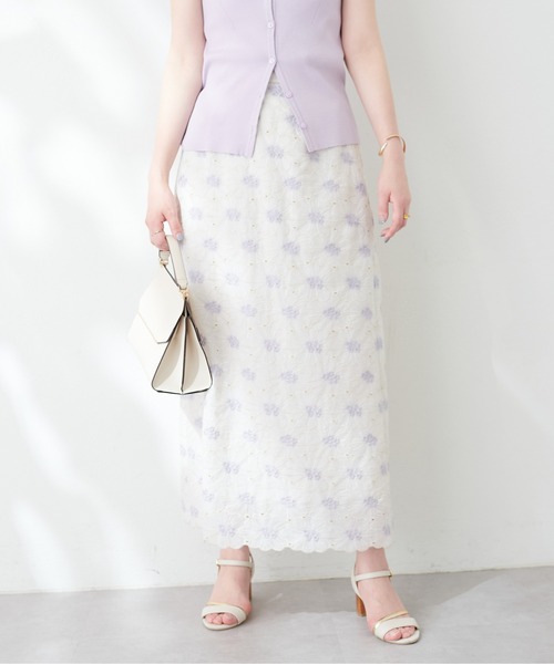 natural couture(ナチュラルクチュール)の「スカラップ配色線刺繍スカート(スカート・レディース・ネイビー/ミント/アイボリー・MEDIUM/LARGE)」の9枚目の写真