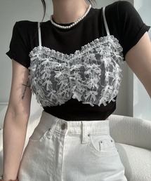 チュールリボンテープレースキャミレイヤード風Tシャツ