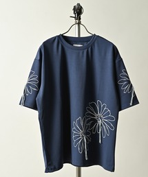 ATELANE/ストレッチポンチ フラワープリント、ハンドステッチ、S/S Tee